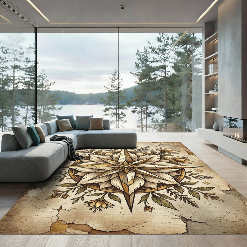 Antique Gold Floral Compass Star Rug