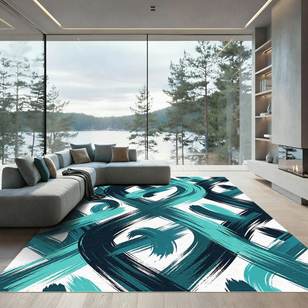 Teal Navy Brushstroke Flow Rug
