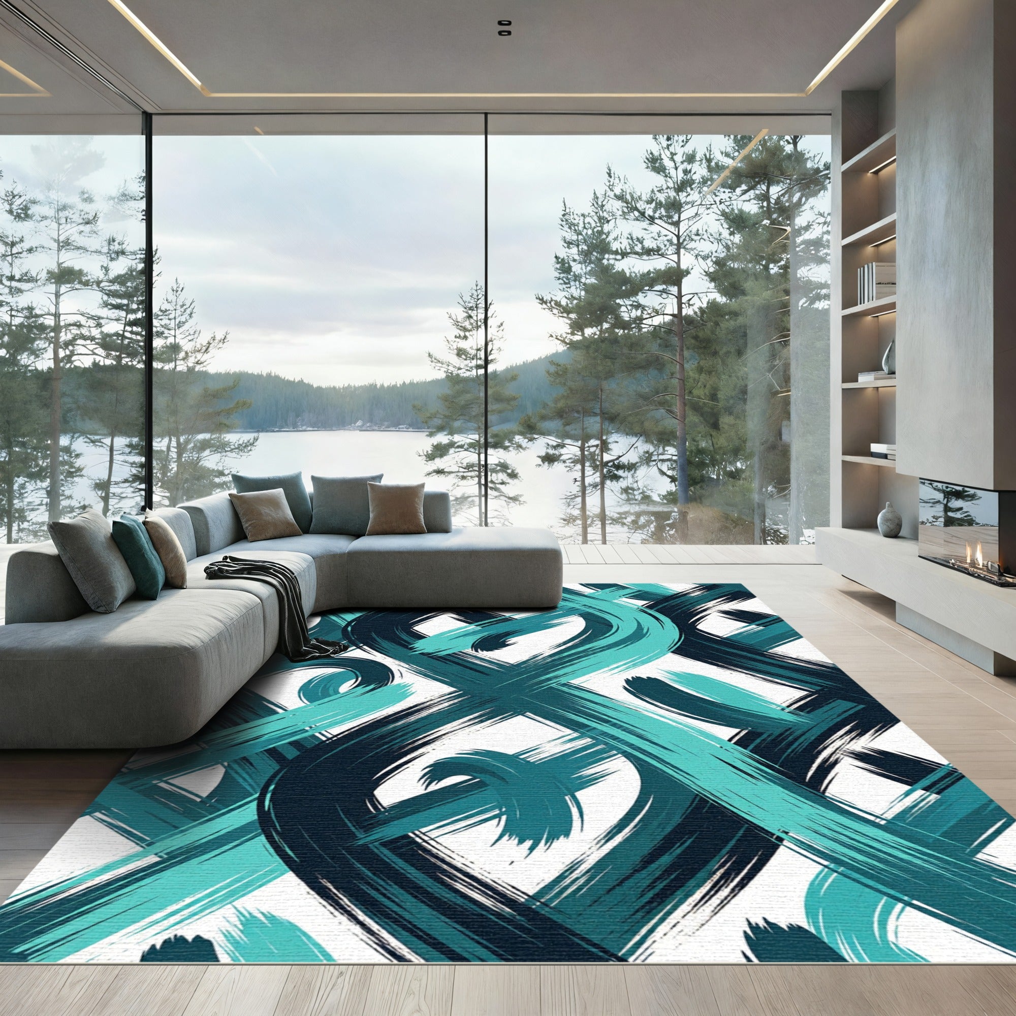 Teal Navy Brushstroke Flow Rug