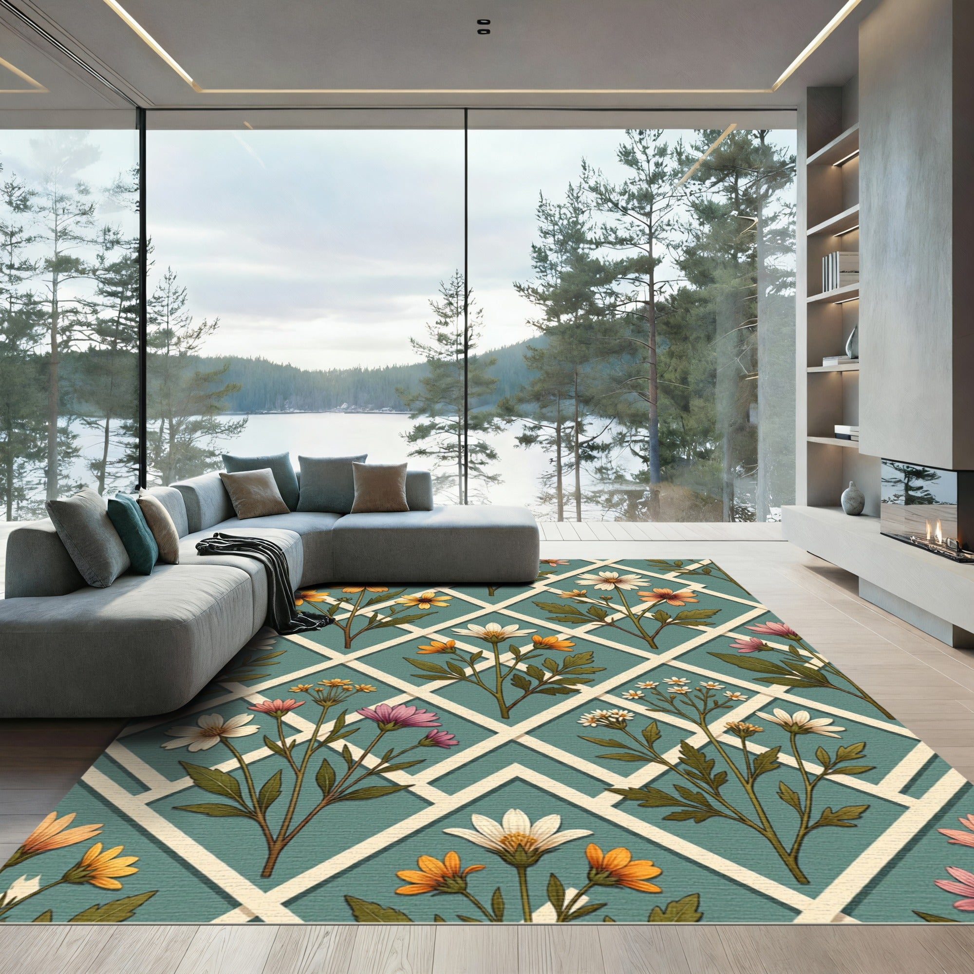 Floral Lattice Teal Meadow Garden Rug