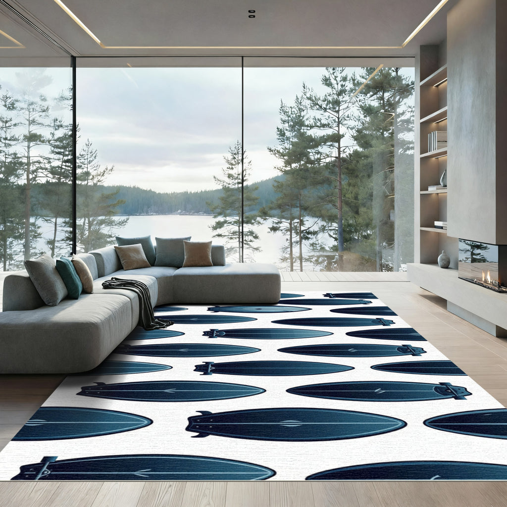 Midnight Blue Surfboard Graphic Illustration Rug