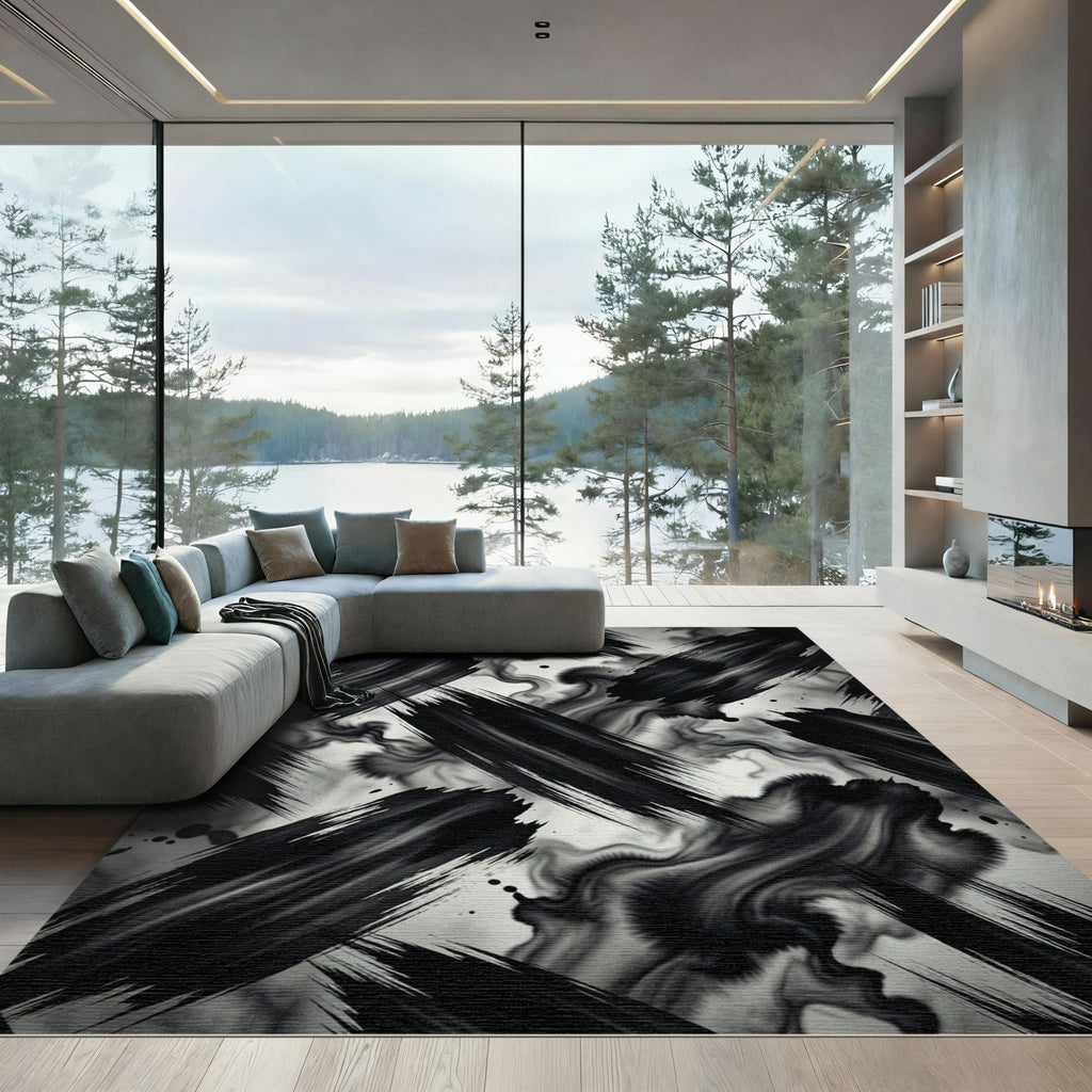 Dramatic Monochrome Black Ink Stroke Rug
