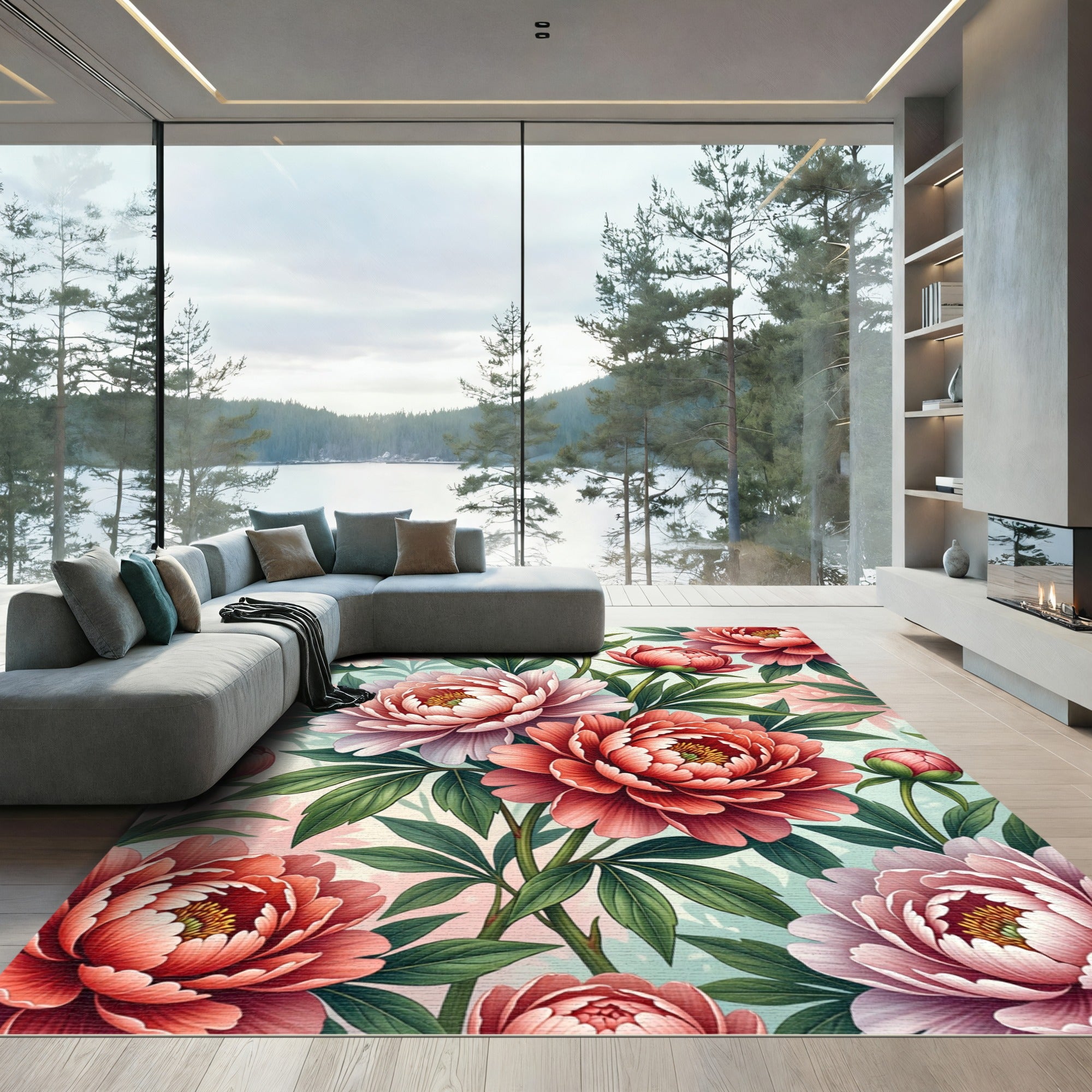 Elegant Pink Peonies Floral Garden Rug