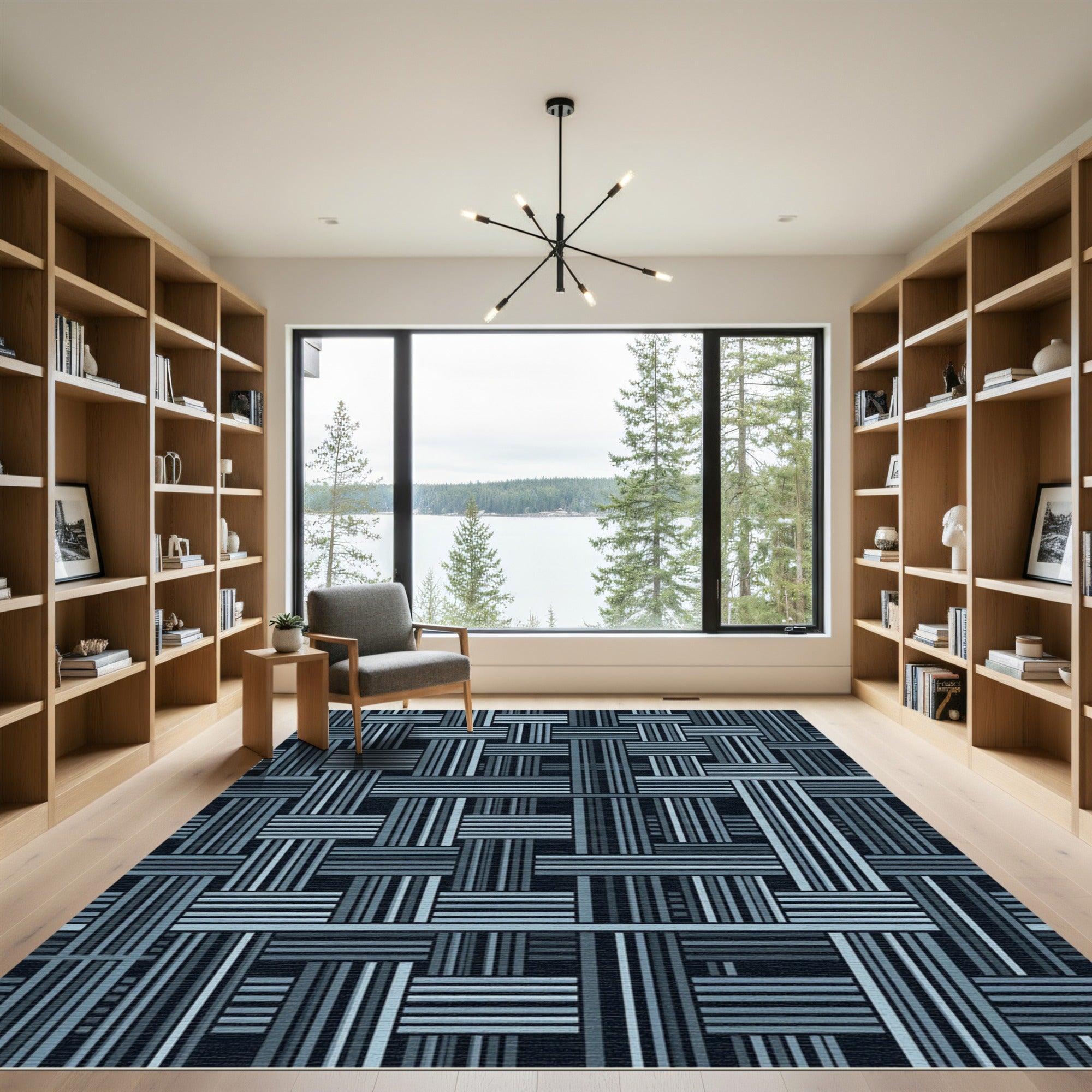 Blue Woven Grid Geometric Abstract Rug