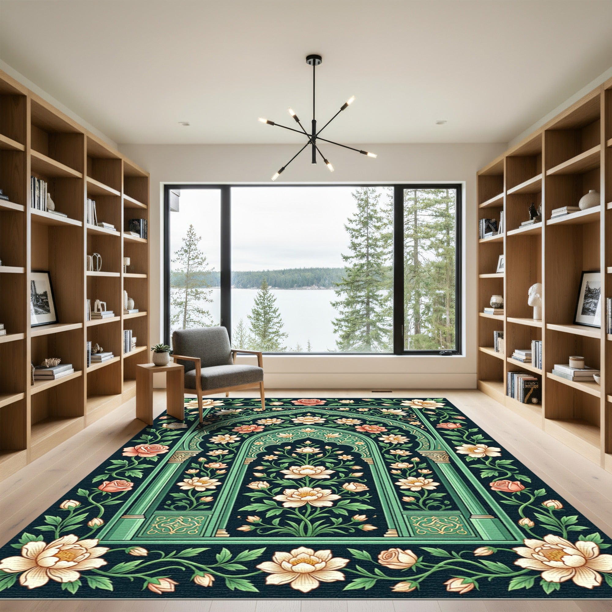 Elegant Emerald Floral Bouquet Archway Rug