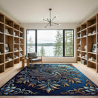 Elegant Navy Gold Spiral Floral Medallion Rug