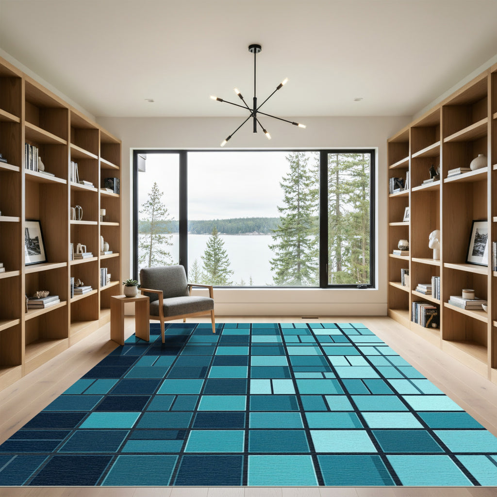 Modern Teal Geometric Block Rug