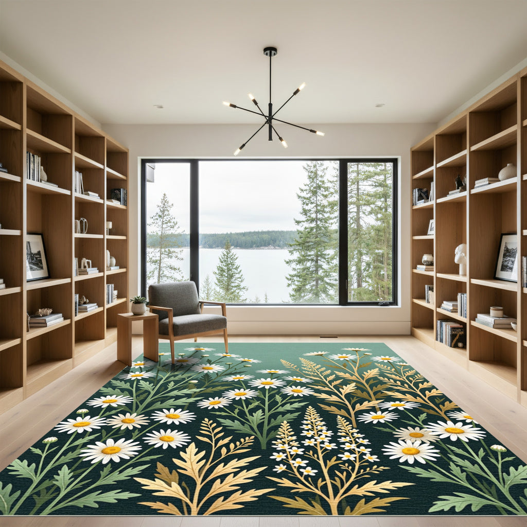 Sage Green Botanical Daisy Field Rug