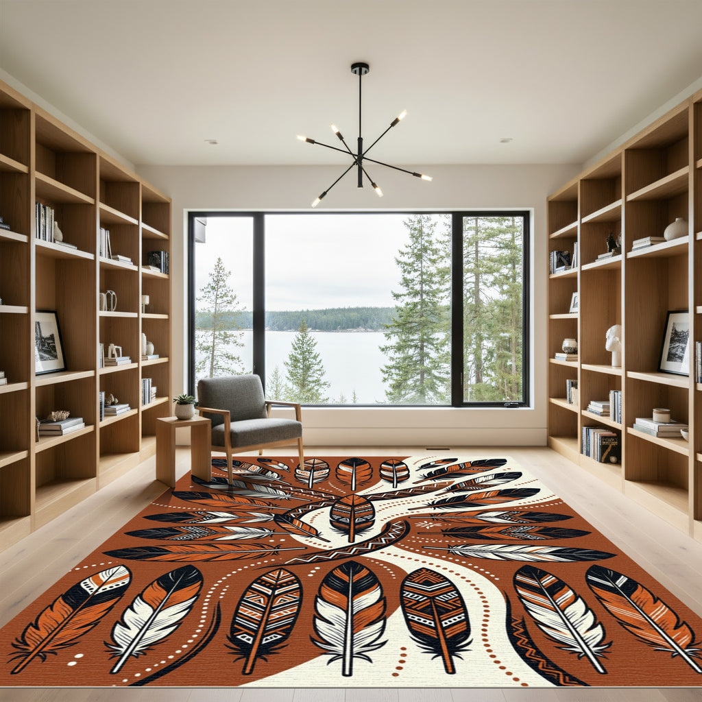 Rustic Orange Tribal Feather Arrangement Rug