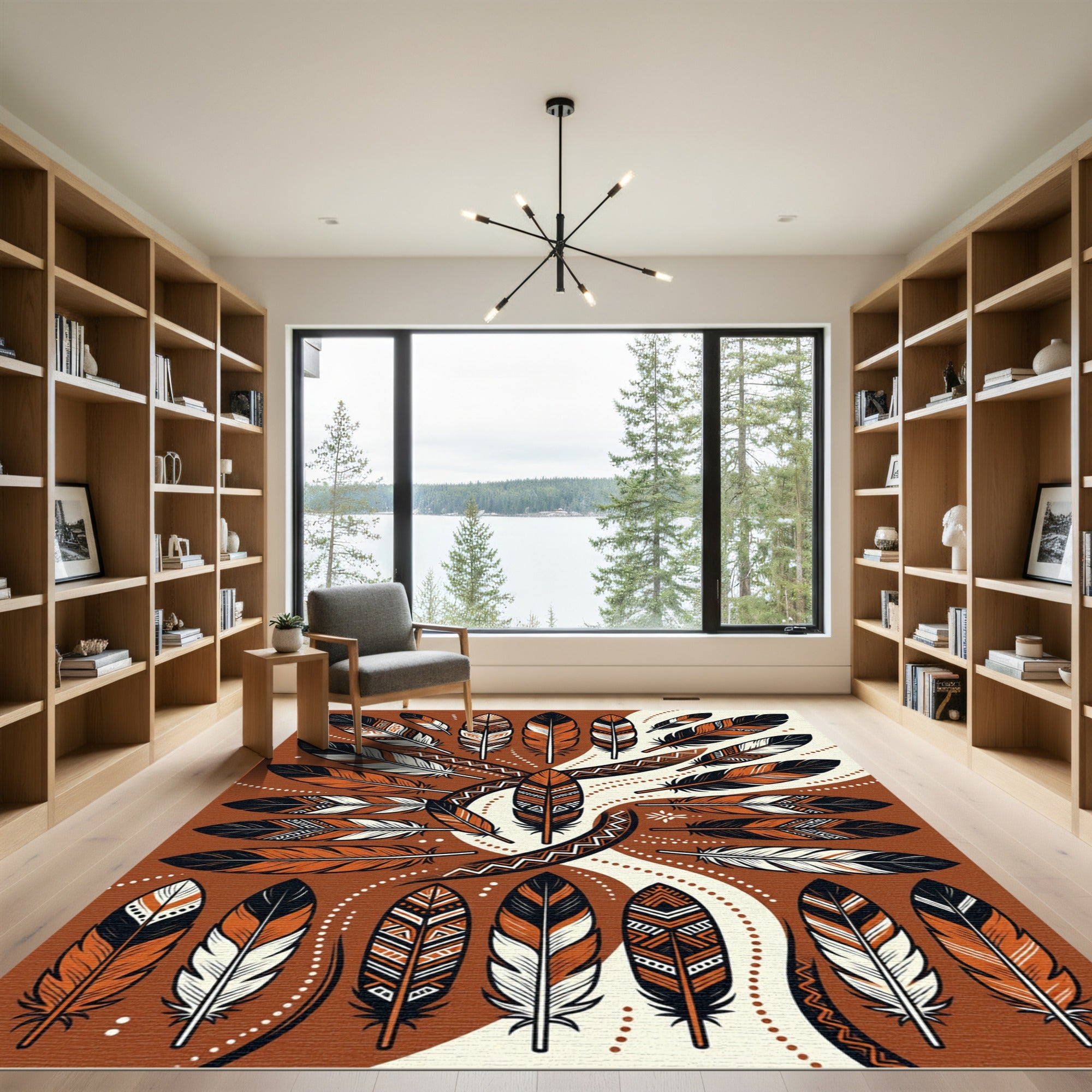 Rustic Orange Tribal Feather Arrangement Rug
