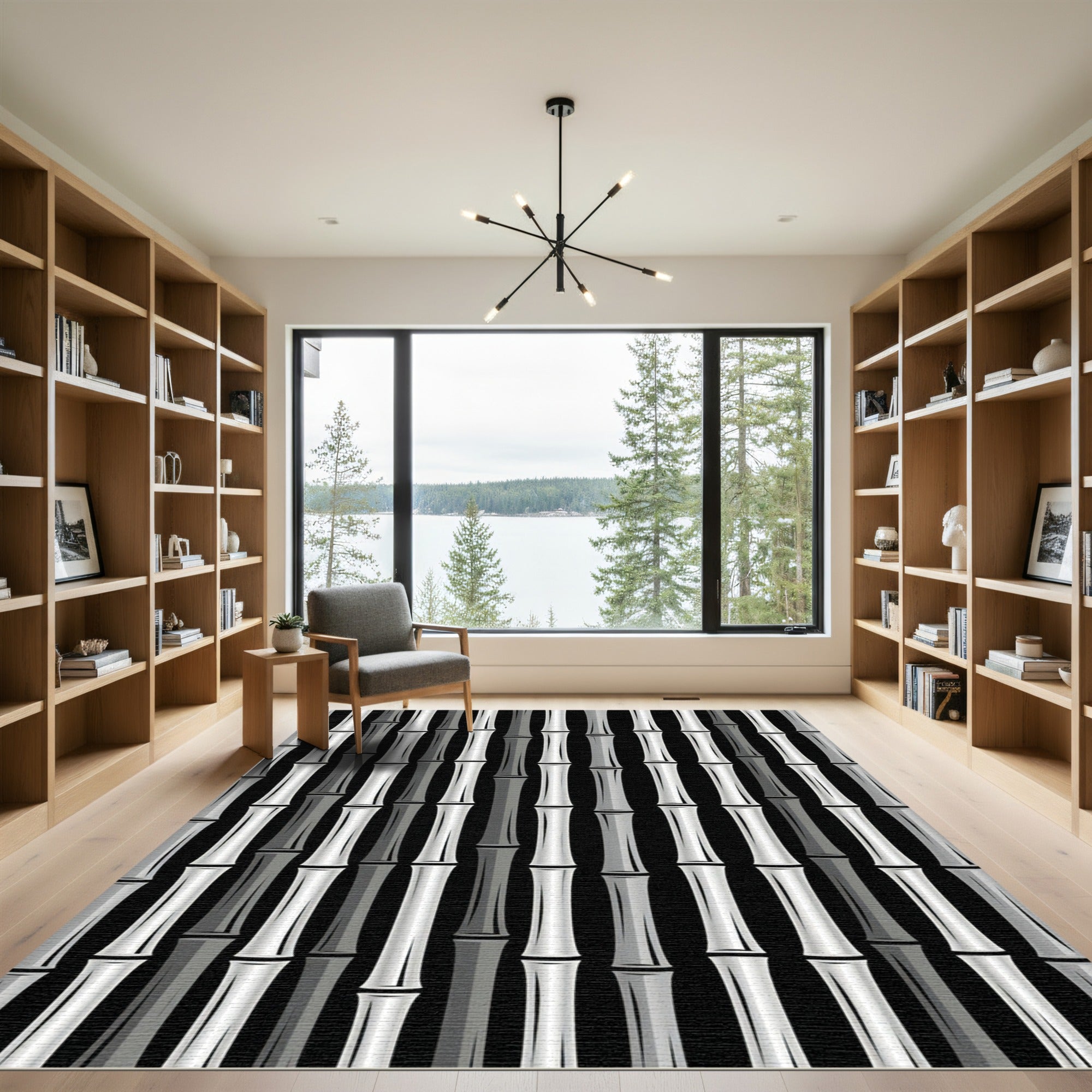 Monochrome Bamboo Stalks Vertical Pattern Rug