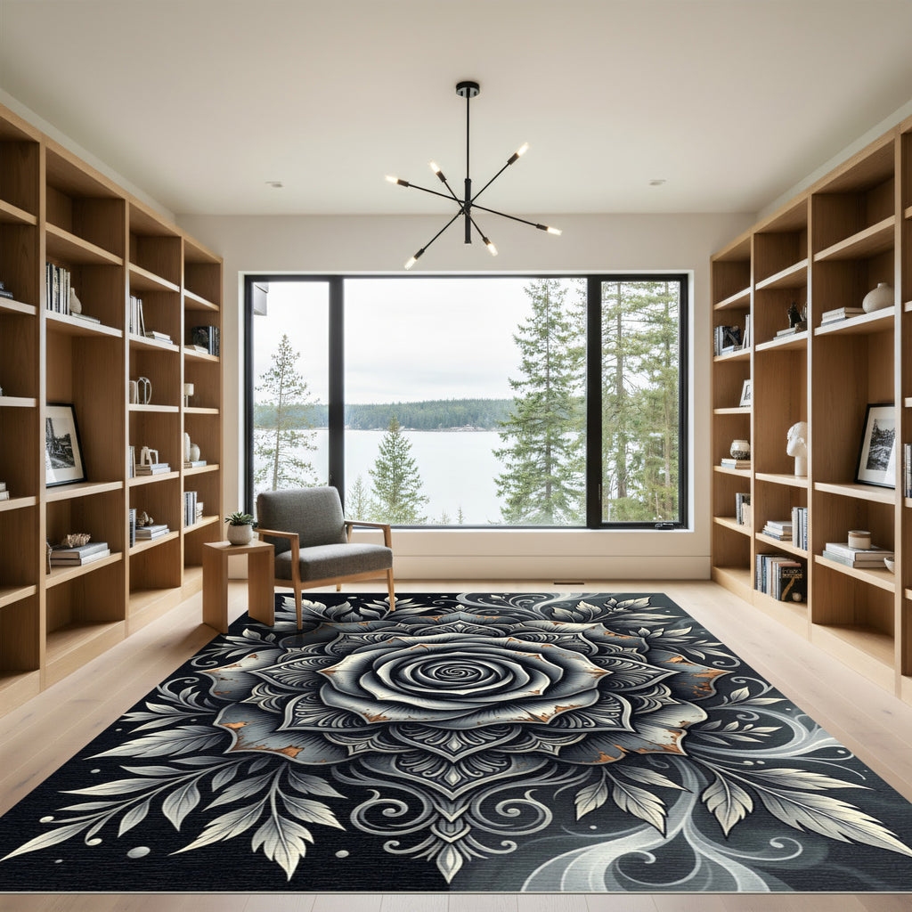 Distressed Monochrome Metallic Rose Medallion Rug