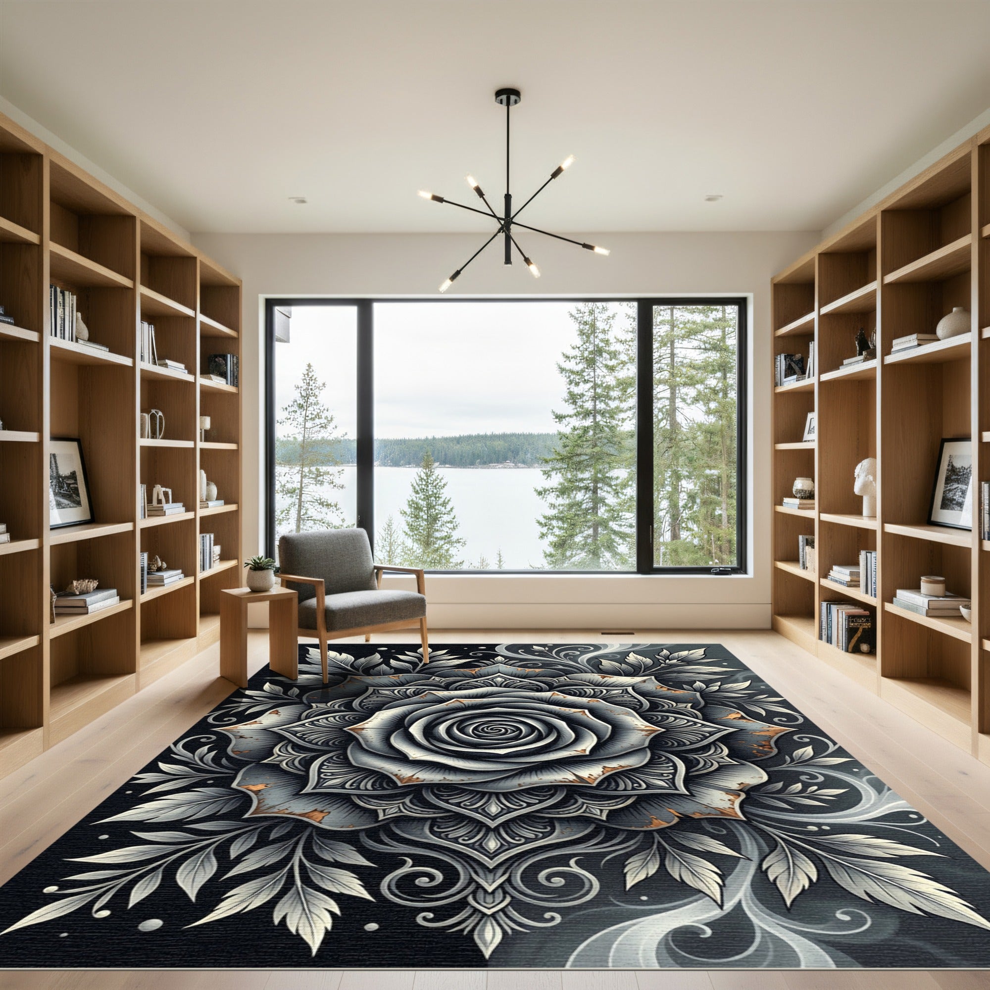 Distressed Monochrome Metallic Rose Medallion Rug