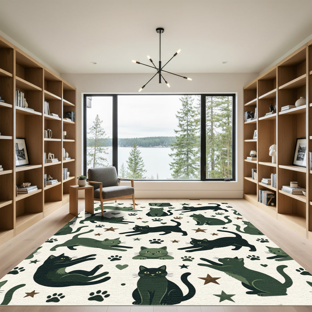 Whimsical Sage Cat and Star Illustration Rug