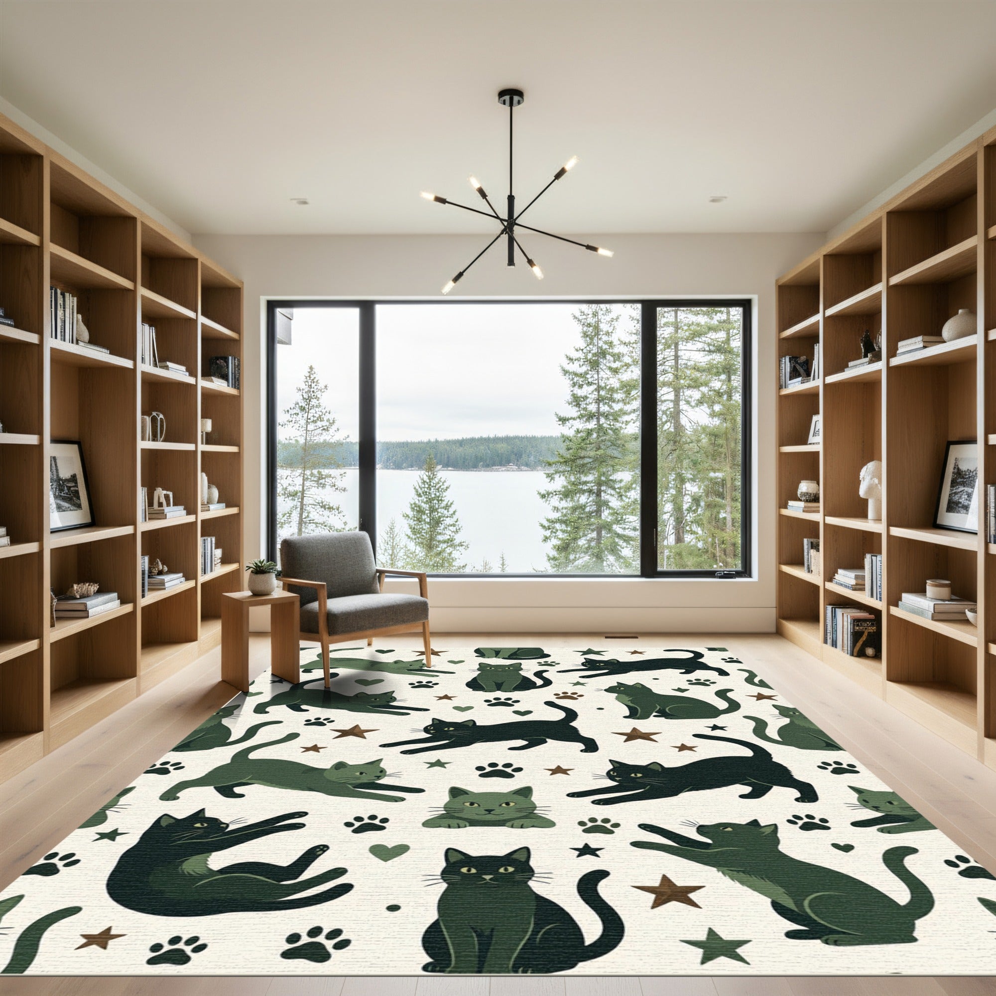 Whimsical Sage Cat and Star Illustration Rug