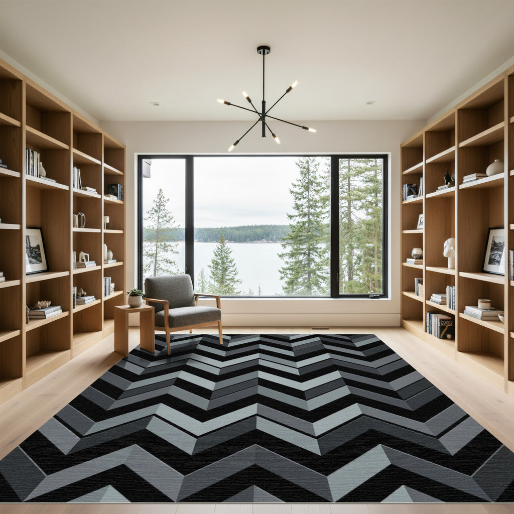 Modern Gray Chevron Geometric Block Rug