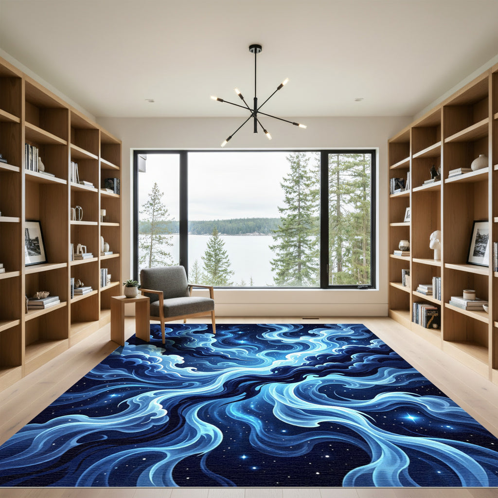 Deep Blue Cosmic Swirl Galaxy Rug