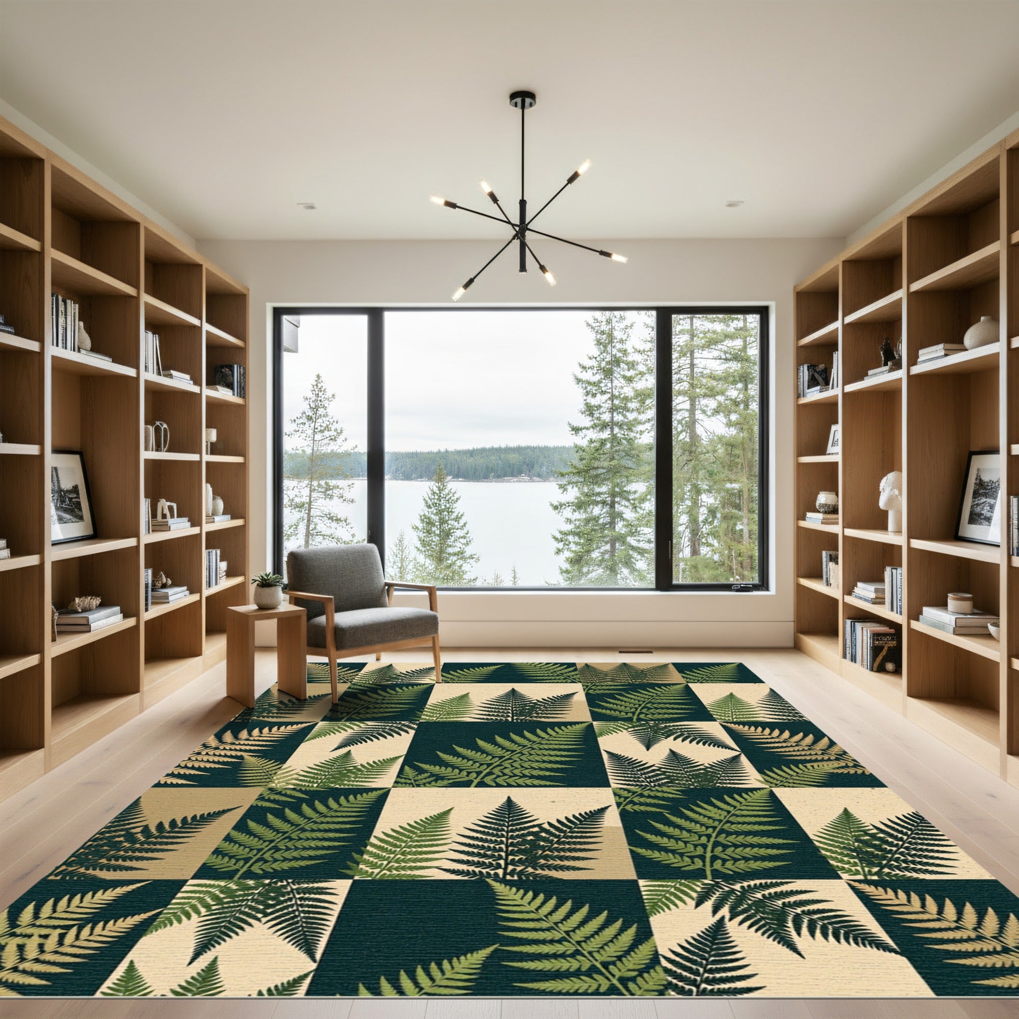 Green Fern Collage Checkered Rug