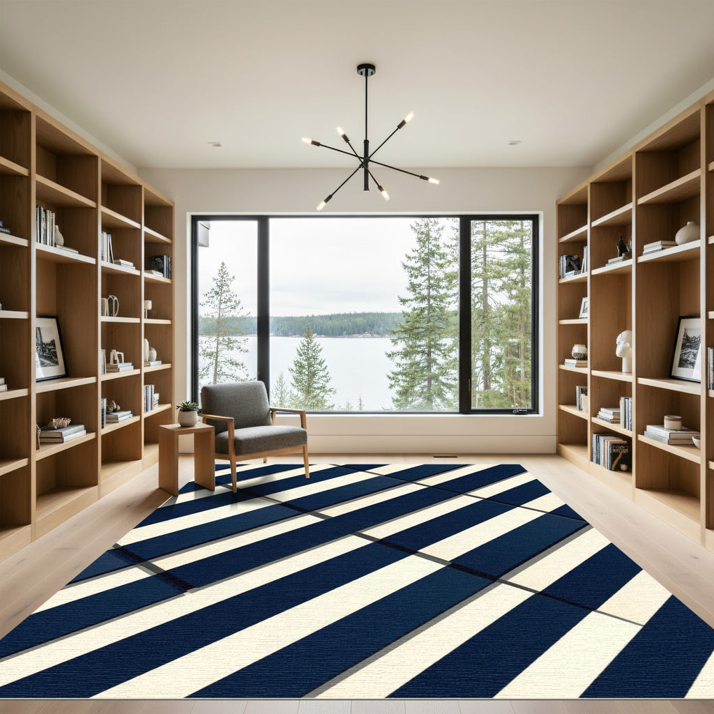 Navy Cream Diagonal Stripe Rug