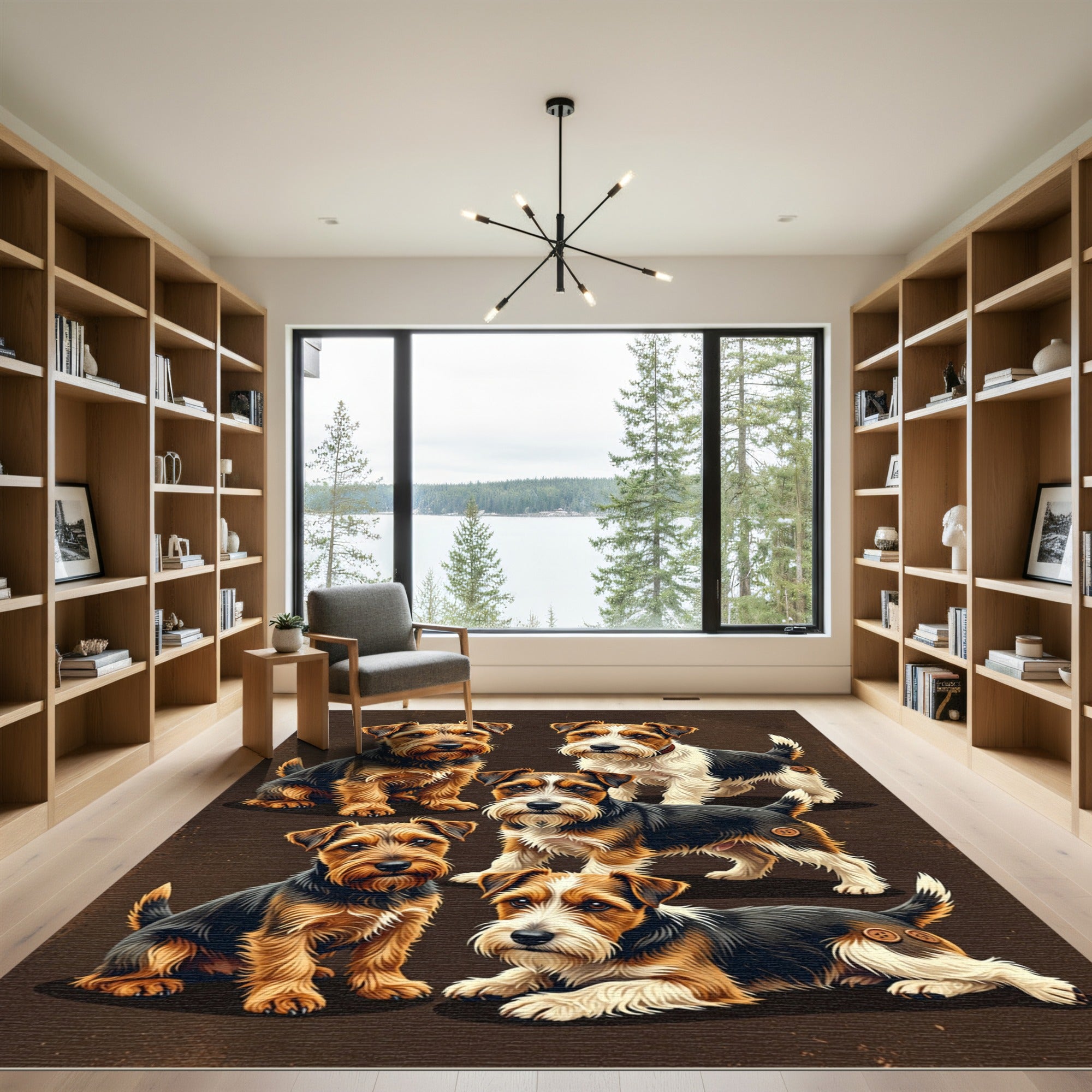 Adorable Terriers on Earthy Brown Background Rug