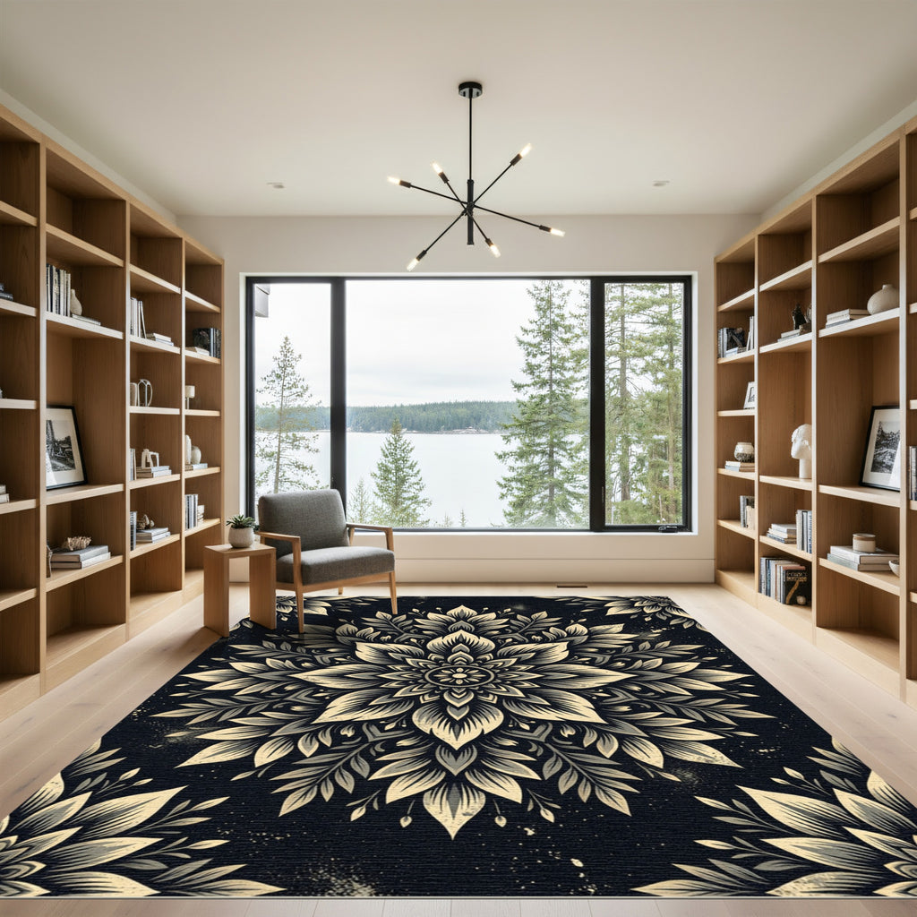 Elegant Monochrome Floral Mandala Medallion Rug