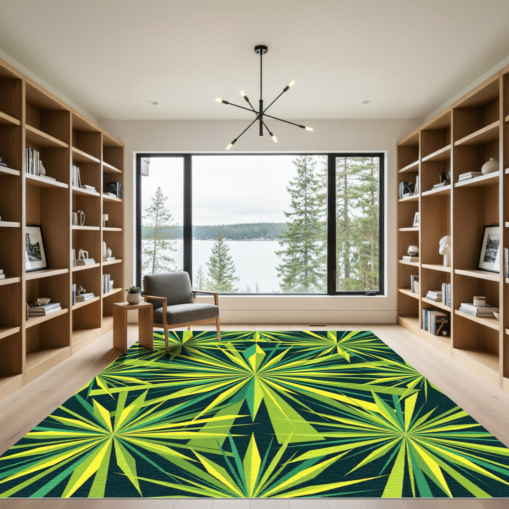 Radiant Lime Leaf Burst Pattern Rug