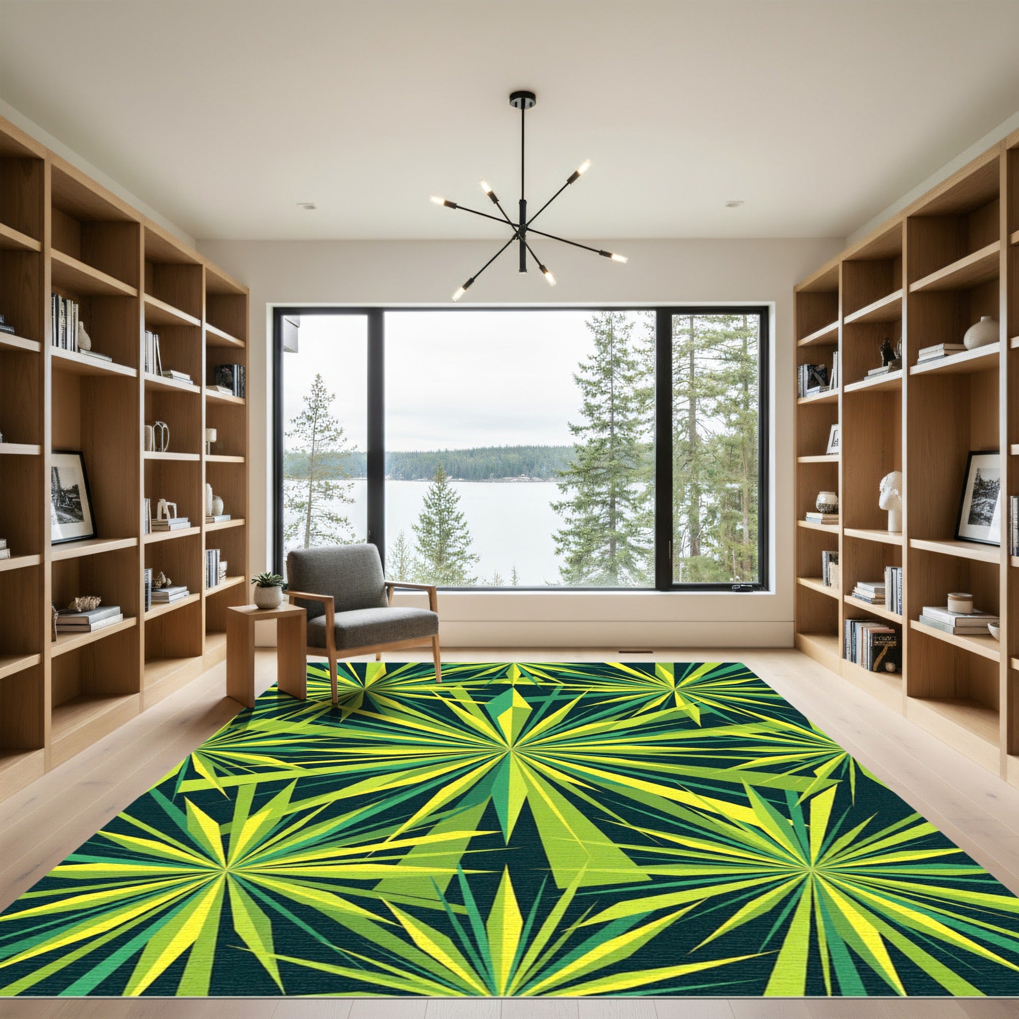 Radiant Lime Leaf Burst Pattern Rug
