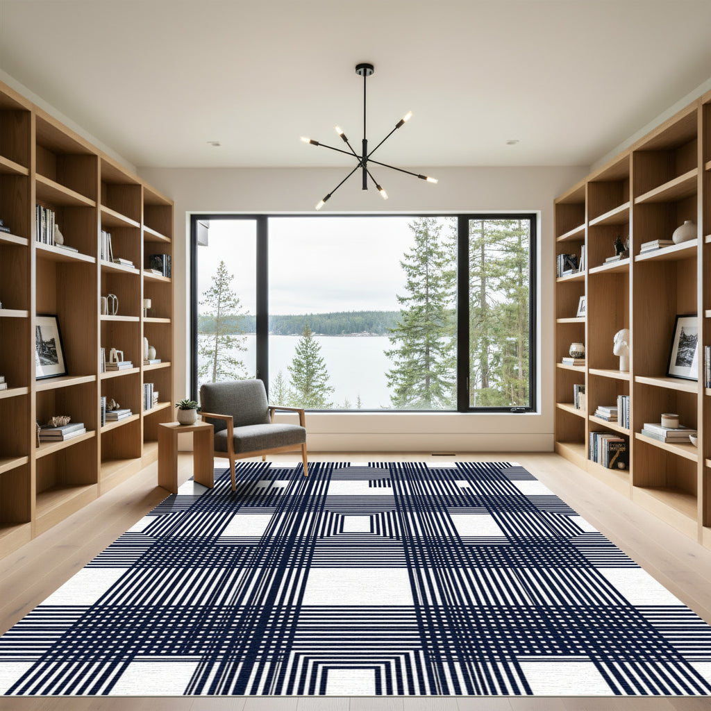 Deep Navy White Geometric Grid Rug