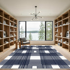 Deep Navy White Geometric Grid Rug