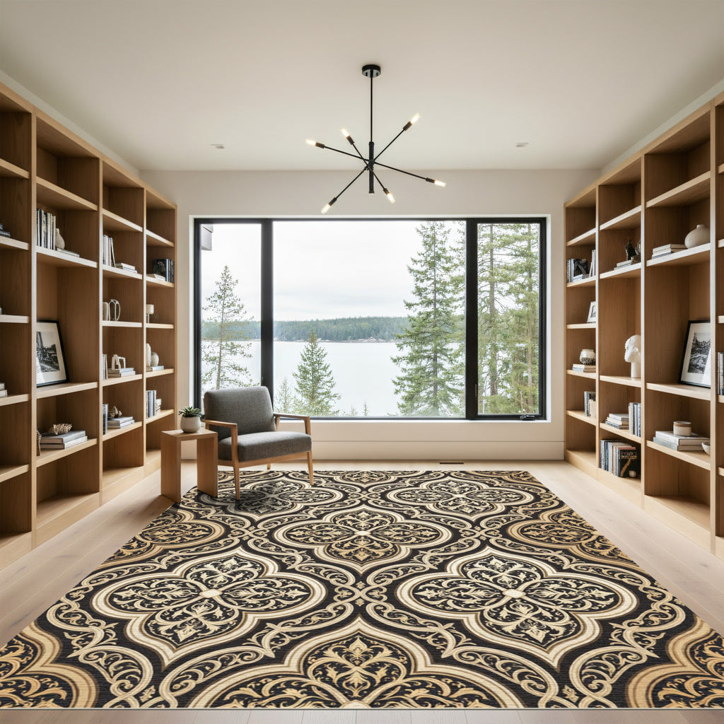 Elegant Black Gold Arabesque Medallion Rug