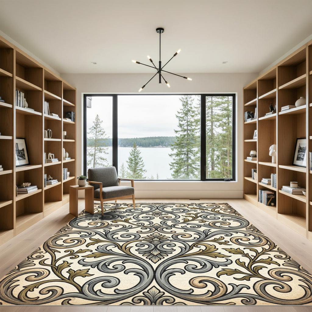 Vintage Gold Silver Leaf Scroll Rug