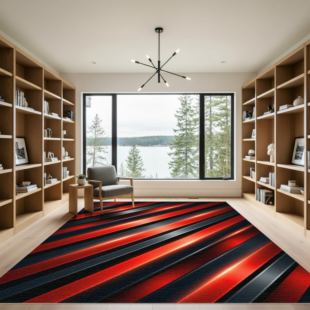 Fiery Red Gray Diagonal Stripe Rug