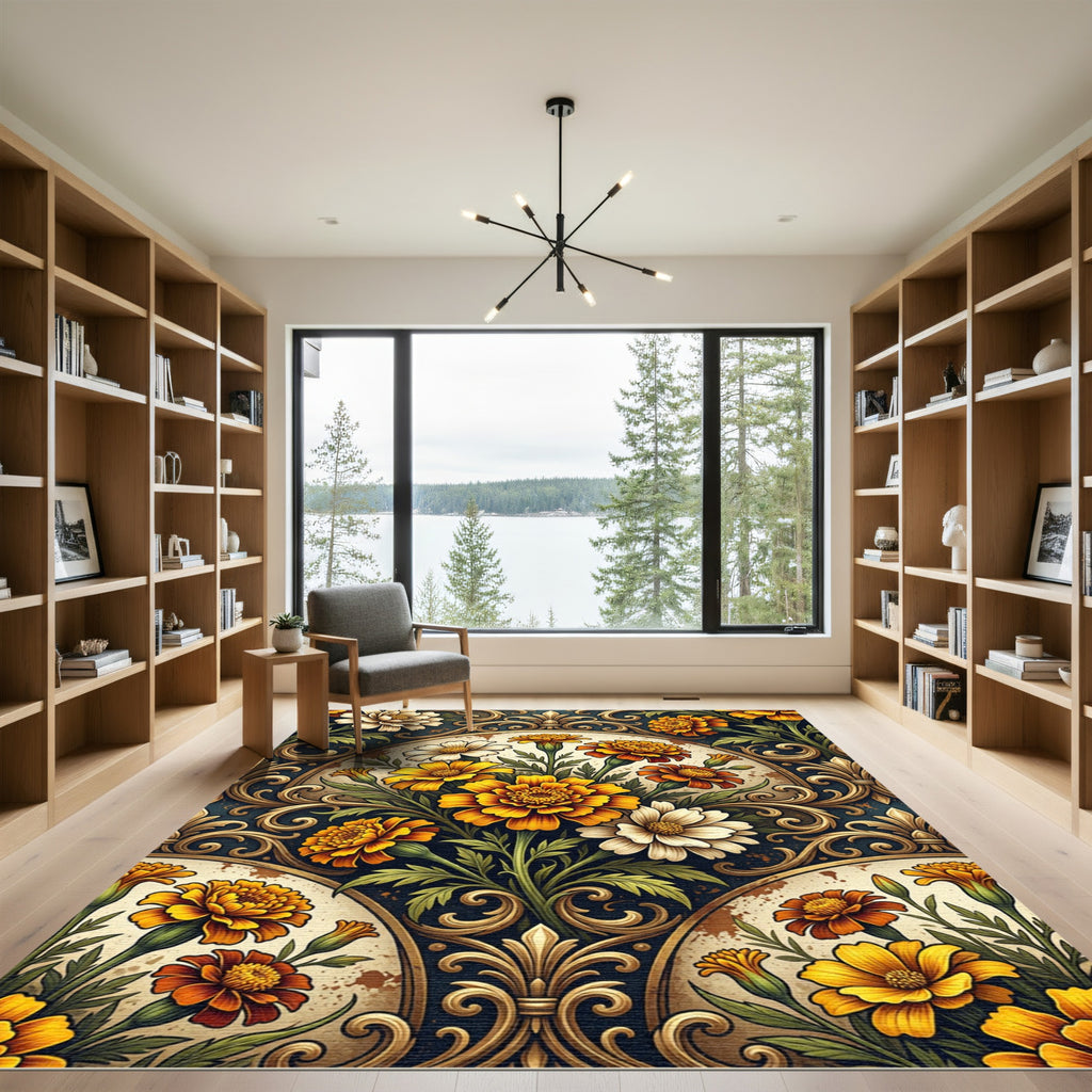 Golden Marigold Floral Scroll Damask Rug
