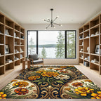 Golden Marigold Floral Scroll Damask Rug