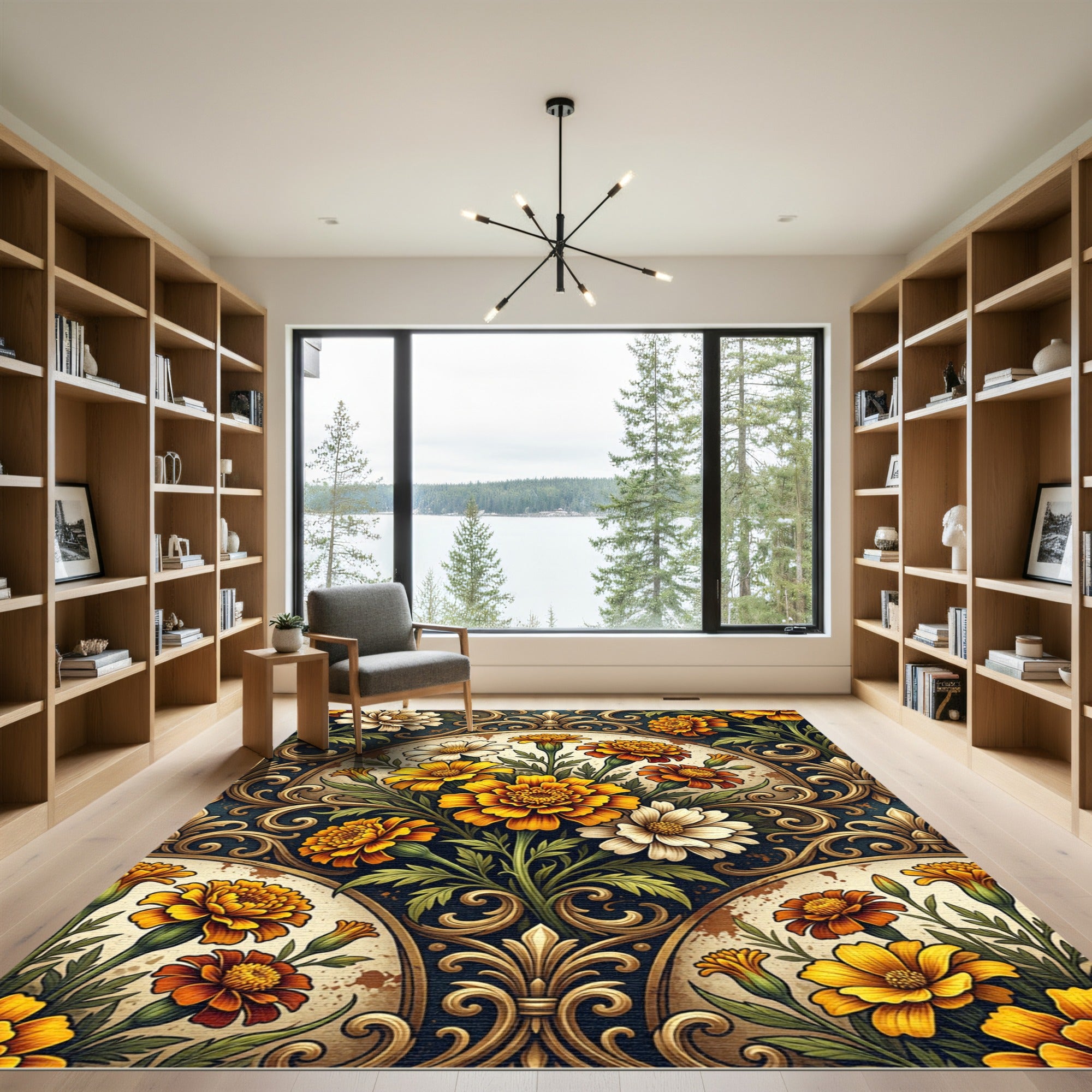 Golden Marigold Floral Scroll Damask Rug