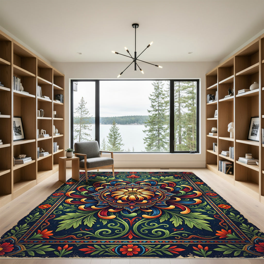 Vibrant Navy Floral Mandala Accent Rug