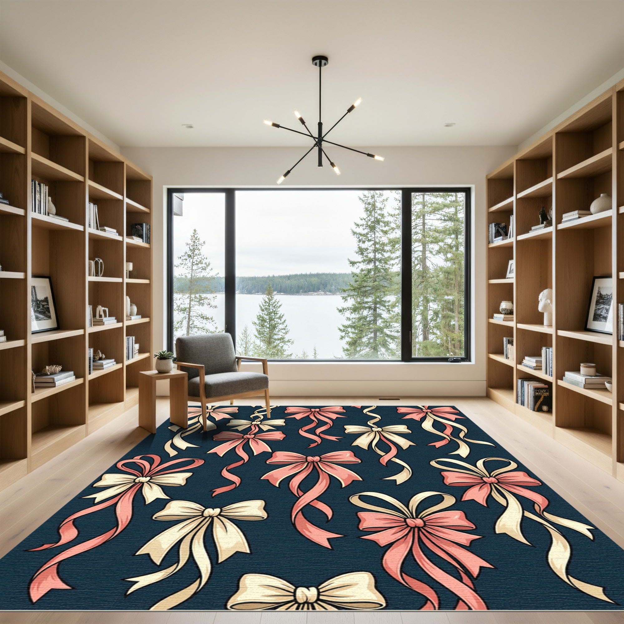 Elegant Pastel Ribbon Bows Navy Wallpaper Rug