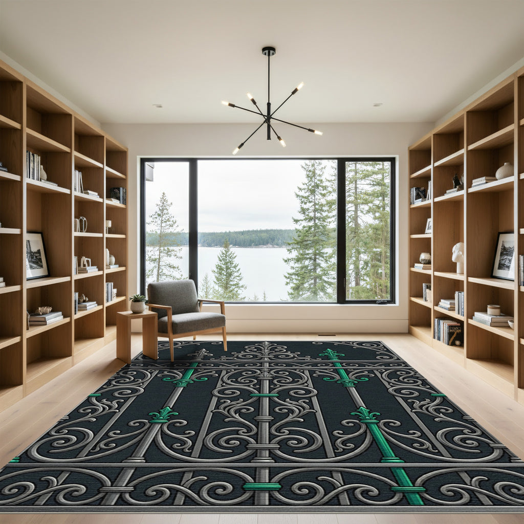 Ornate Silver and Emerald Iron Scroll Rug