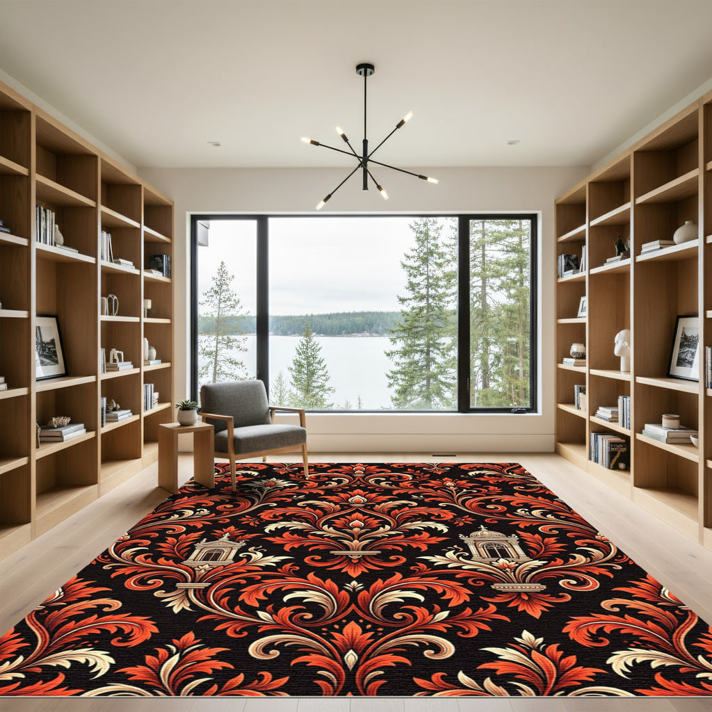 Ornate Crimson Baroque Damask Scroll Rug