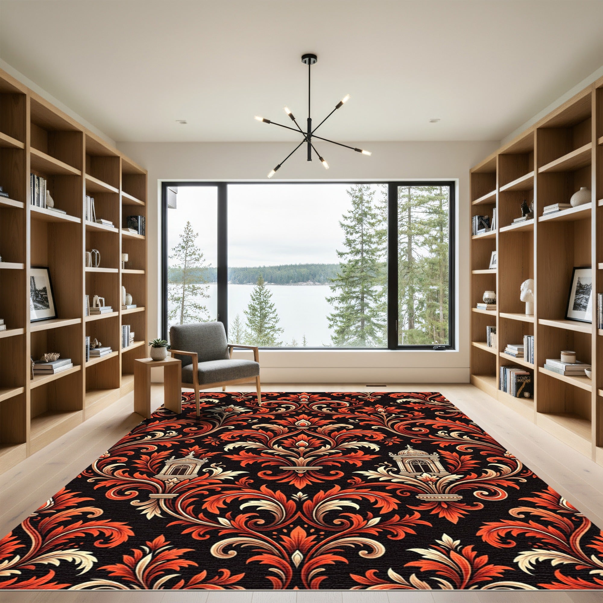 Ornate Crimson Baroque Damask Scroll Rug