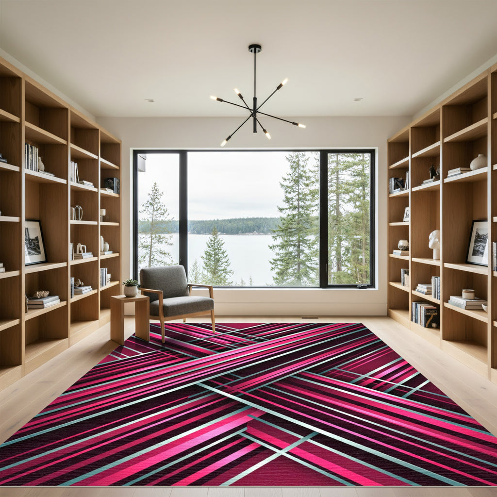 Modern Magenta Diagonal Striated Abstract Rug