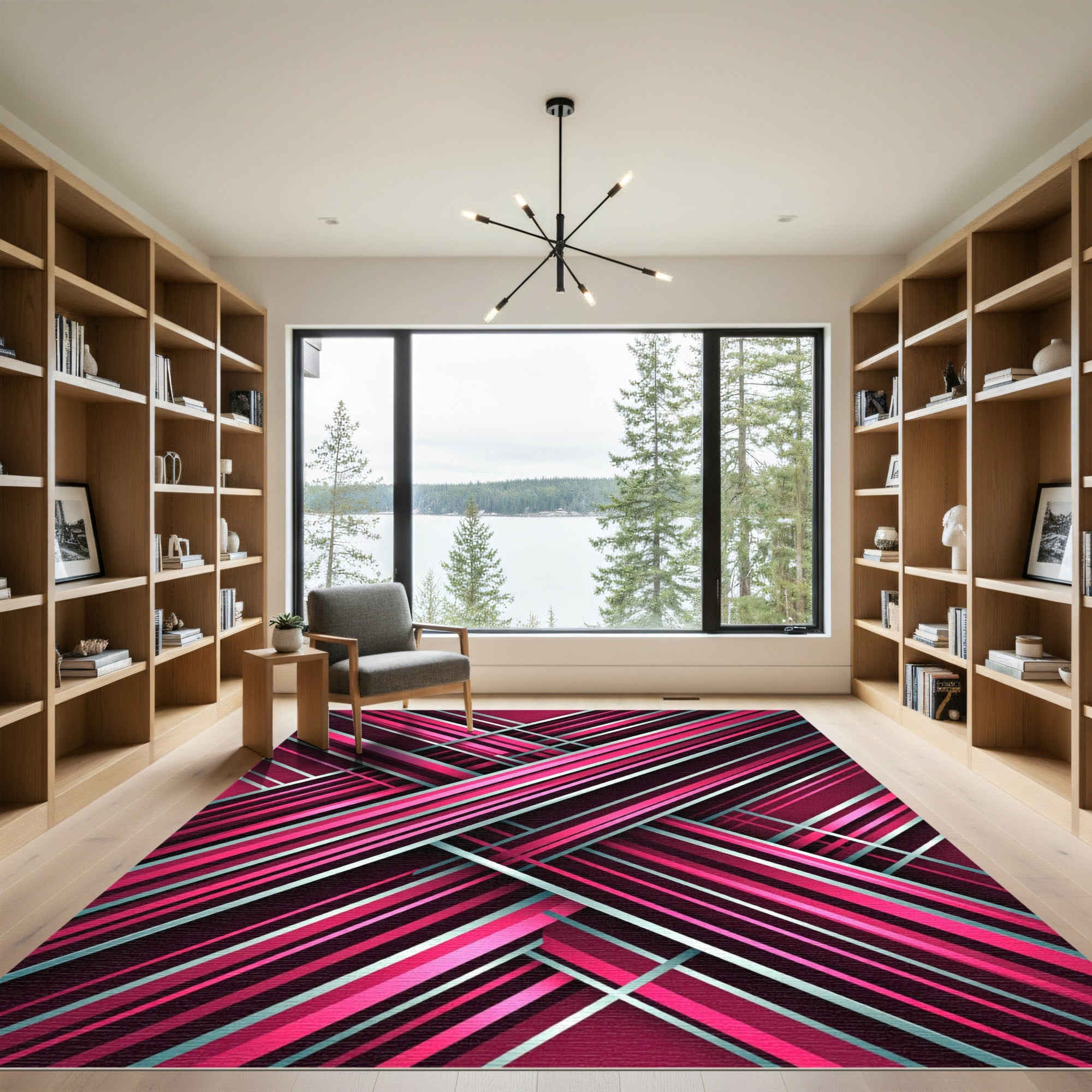 Modern Magenta Diagonal Striated Abstract Rug