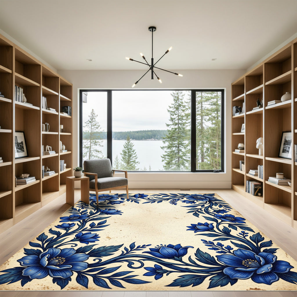Elegant Deep Blue Floral Botanical Border Rug