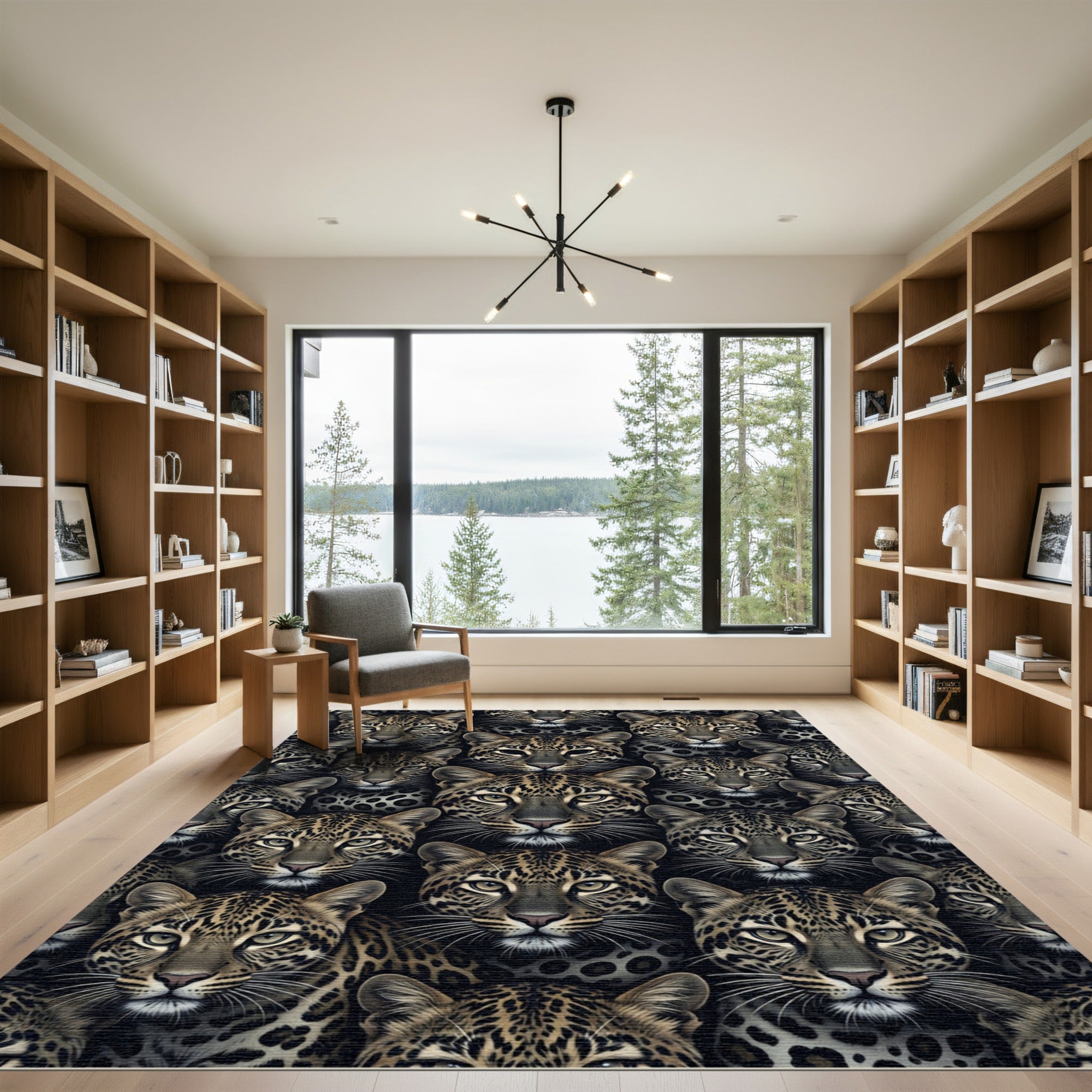 Bold Leopard Faces Dark Background Rug