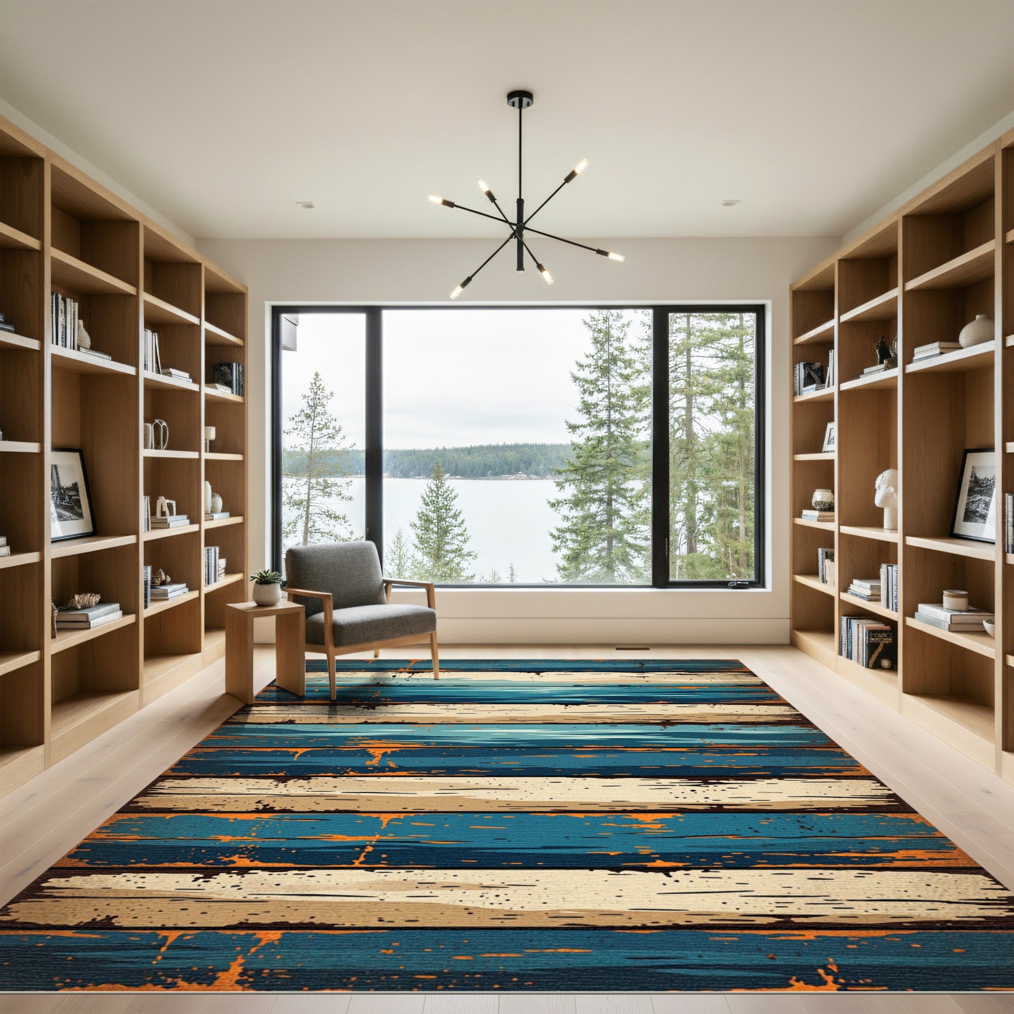 Distressed Coastal Blue and Beige Plank Rug