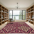 Ornate Crimson and Ivory Damask Medallion Rug