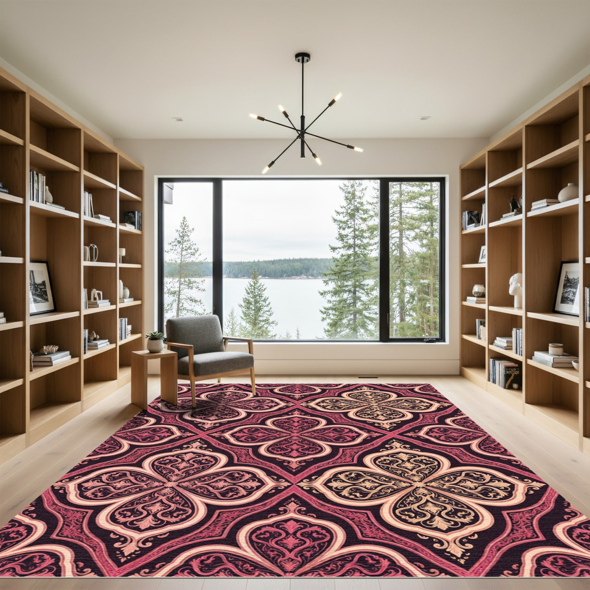 Ornate Crimson and Ivory Damask Medallion Rug