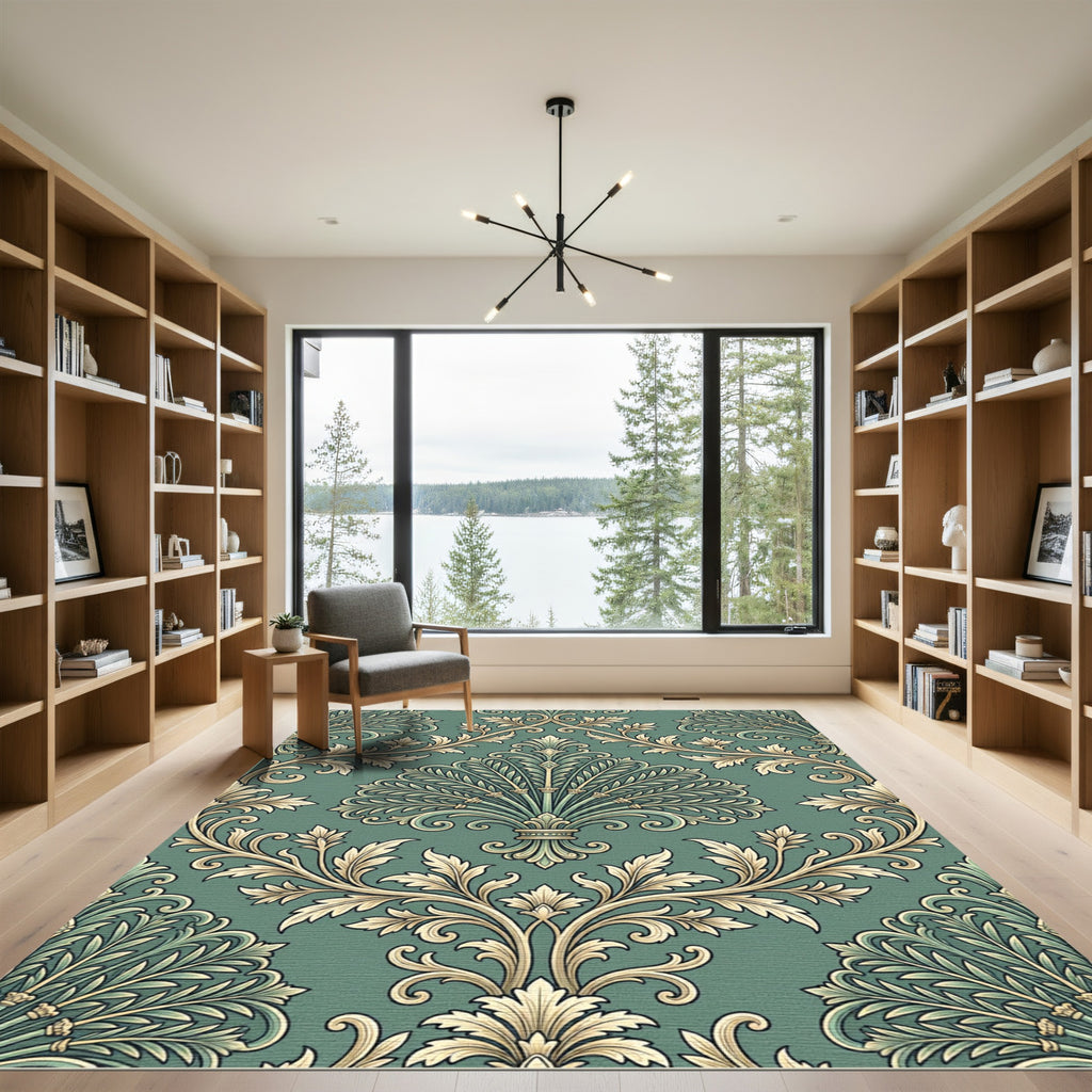 Emerald Green Floral Damask Scroll Rug