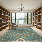 Emerald Green Floral Damask Scroll Rug