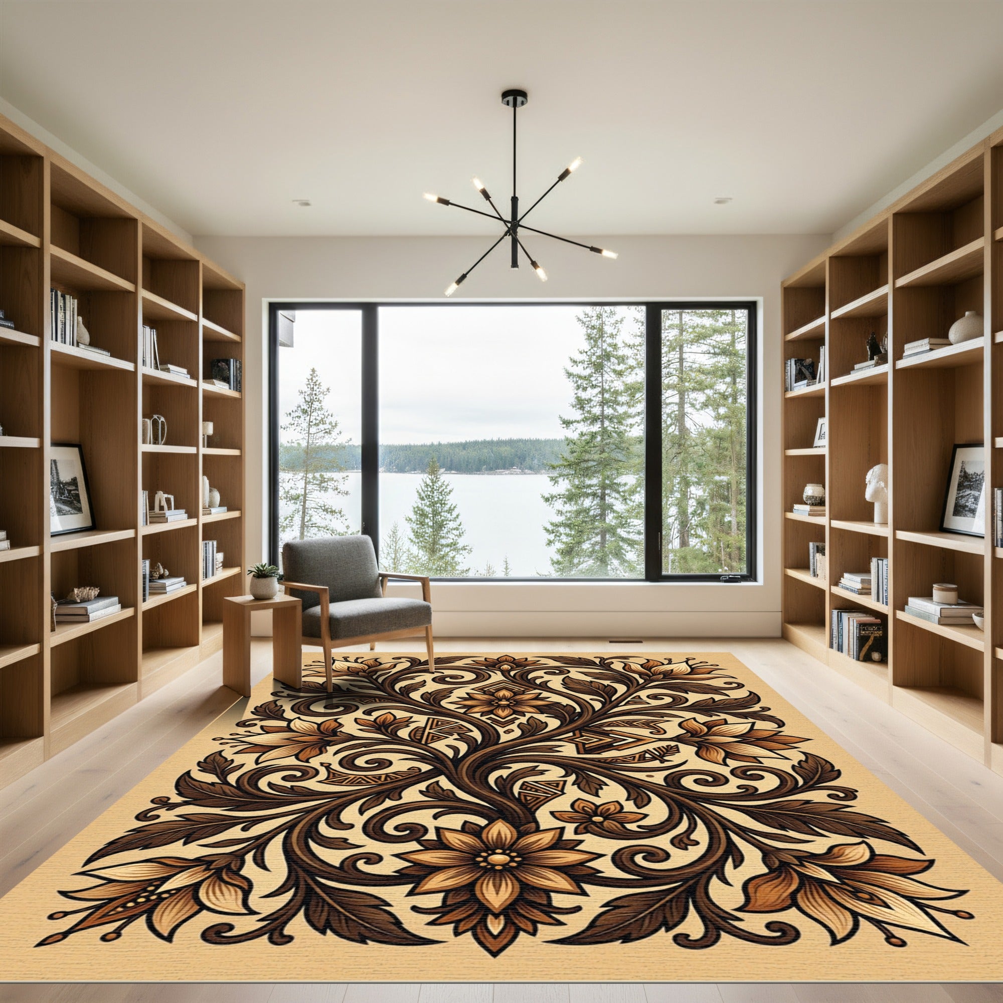 Elegant Sepia Floral Scroll Flourish Rug